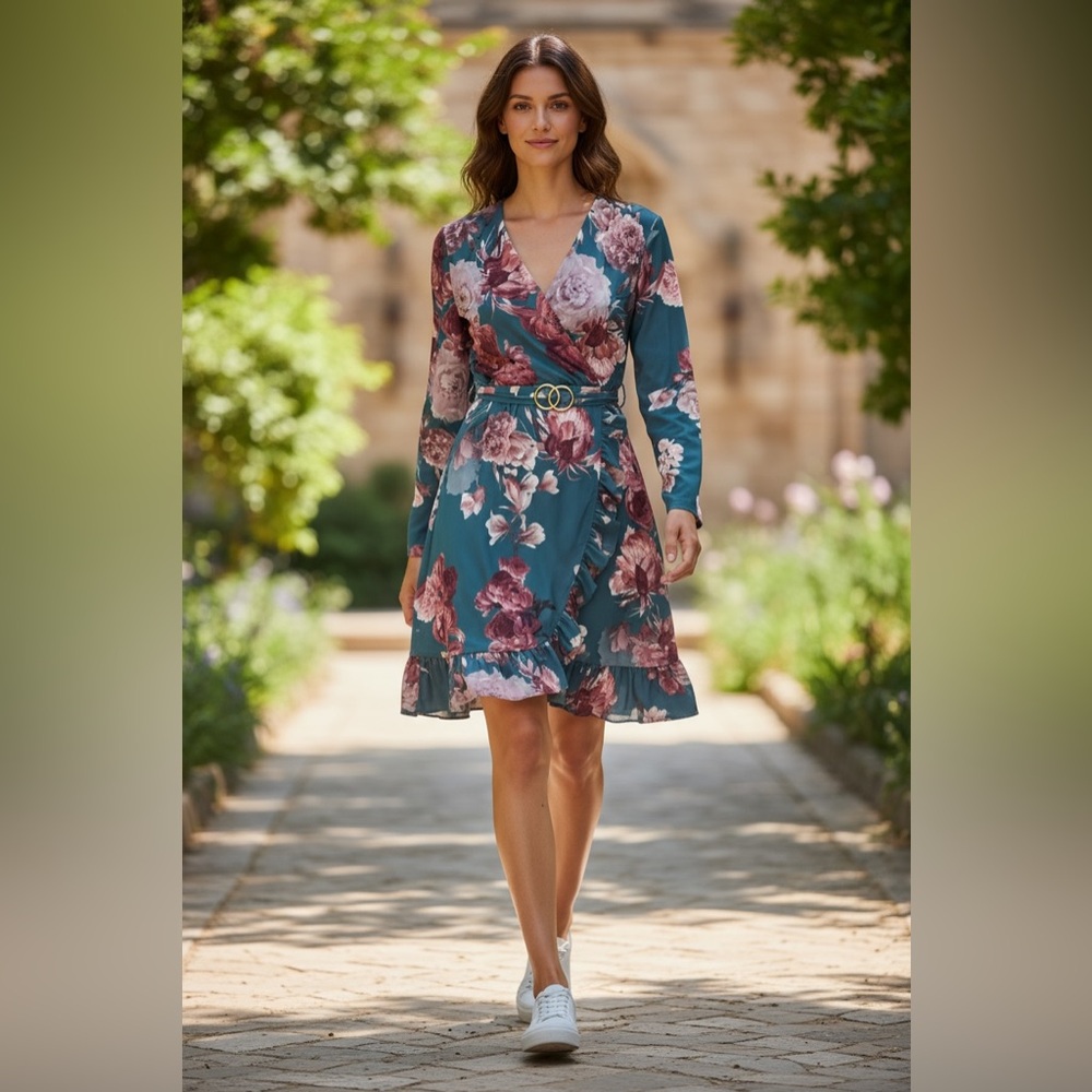 Blue V-Neck Wrap Sundress with Bishop Sleeves